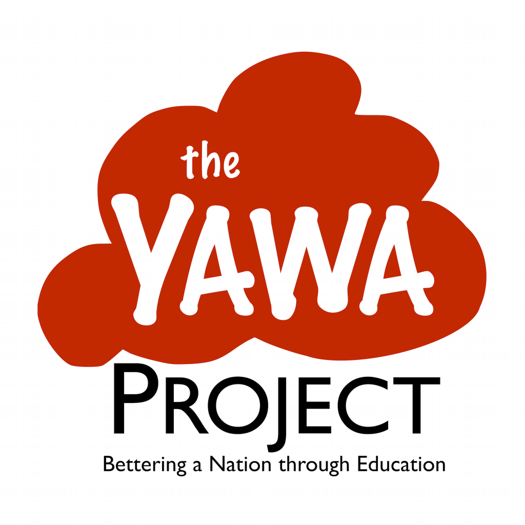 A large red cloud with white lettering inside with the words "the YAWA". Below the cloud in black letters it says "PROJECT". Below that in small black letters it says "Bettering a nation through Education"