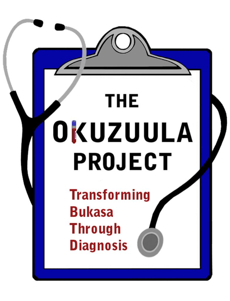 A blue clip board with a stethoscope wrapped around the clipboard. Inside the clipboard in big black letters it says "The Okuzuula Project". Below that are the words "Transforming Bukasa Through Diagnosis" in medium red letters.