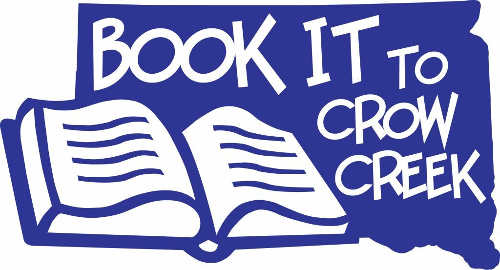 A blue box with a white book in the bottom left corner. The rest of the box is filled with the words "BOOK IT to Crow Creek" in white lettering