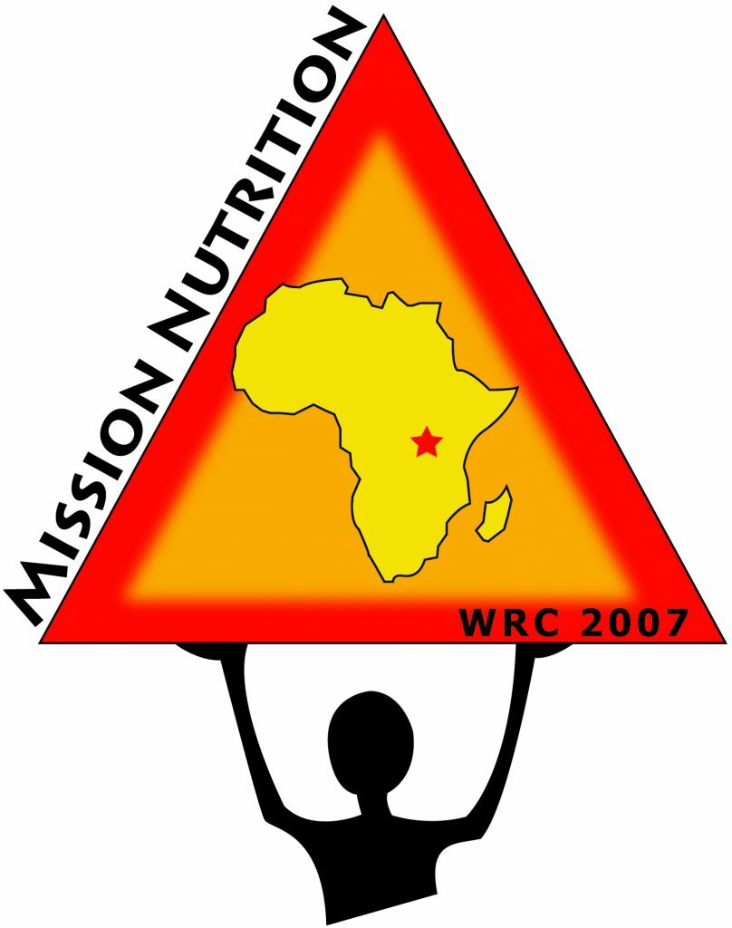 At the bottom is the outline of a person holding up a red triangle with the outline of Africa in the middle of the triangle. On the bottom of the triangle are the words "WRC 2007" in small black lettering. On the left side of the triangle in big black letters it says "MISSION NUTRITION"