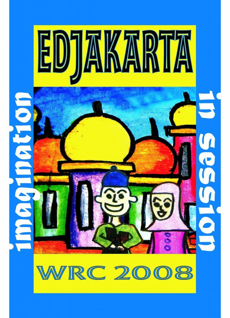 A bright blue rectangle. In the middle is an drawing of some buildings with two people in front. On the left side of the drawing is the word "imagination" in white letters and on the right in white letters "in session". Below the drawing in yellow it says "WRC 2008" and on top of the drawing "EDJAKARTA"