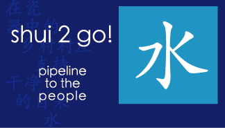 A dark blue box with the words "shui 2 go! pipeline to the people" in white letters. The right side of the image has a light blue square.