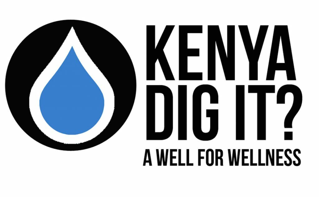 On the left side of the image is black circle with a blue raindrop inside. On the right side in black letters are the words "Kenya dig it? A well for wellness"