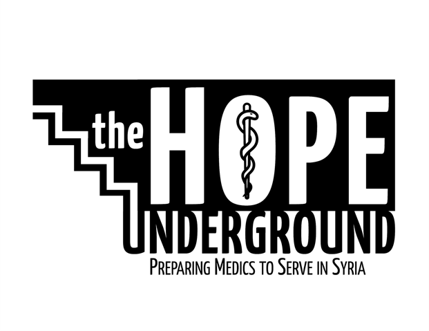 A black rectangle with the outline of stairs on the left side. On the right in transparent lettering are the words "the HOPE UNDERGROUND". Below that are the words "Preparing Medics to Serve in Syria"